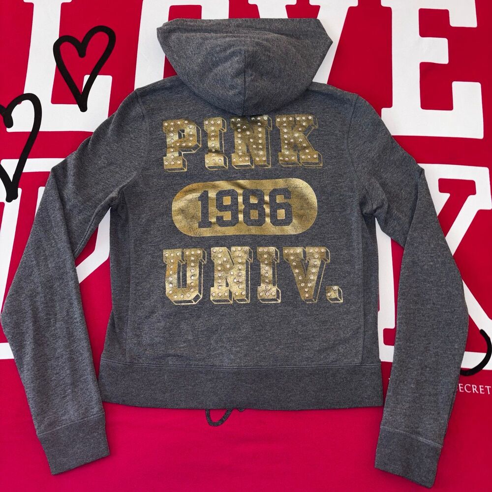 Victoria’s Secret PINK Gray Rhinestone Bling Full Zip Hoodie Size Large Y2K